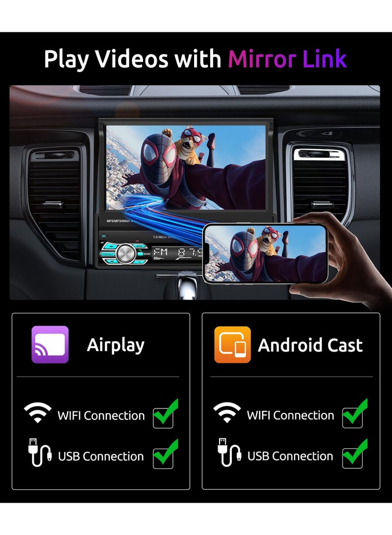 شو وو راديو ستيريو للسيارة مقاس 7 بوصات مع تطبيق Carplay وAndroid Auto وAirplay وMirrorLink، راديو سيارة قابل للطي بدقة 1080 بكسل وبلوتوث وراديو FM وكاميرا احتياطية عالية الدقة، ومنفذ USB 2.0 وبطاقة TF ومنافذ AUX-in، ويدعم SWC - Image 4