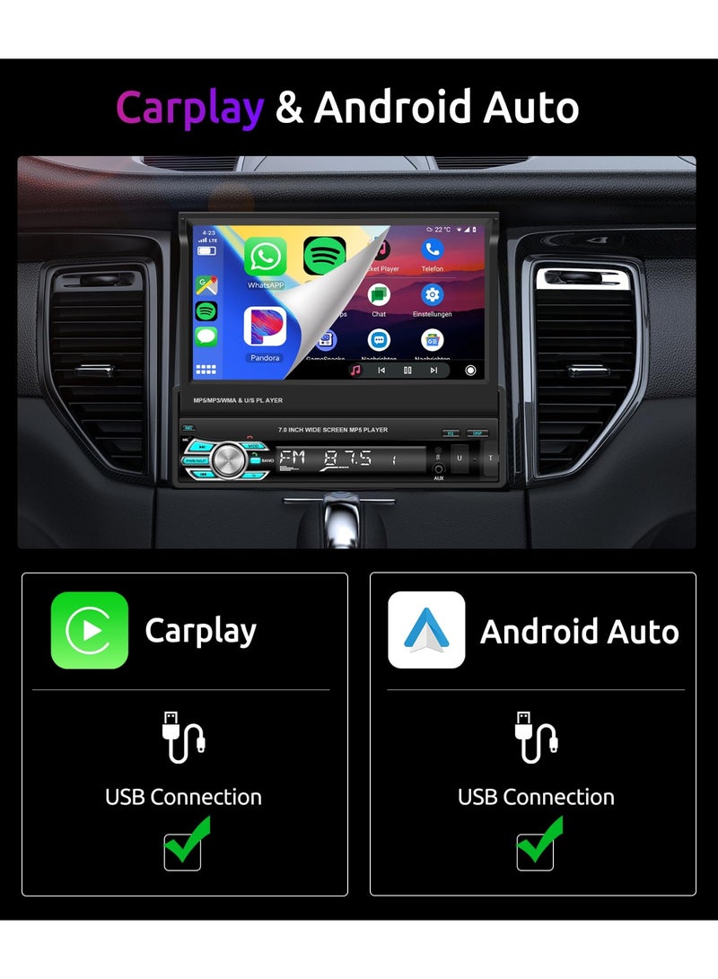 شو وو راديو ستيريو للسيارة مقاس 7 بوصات مع تطبيق Carplay وAndroid Auto وAirplay وMirrorLink، راديو سيارة قابل للطي بدقة 1080 بكسل وبلوتوث وراديو FM وكاميرا احتياطية عالية الدقة، ومنفذ USB 2.0 وبطاقة TF ومنافذ AUX-in، ويدعم SWC - Image 3