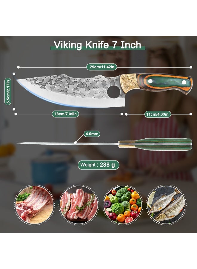 سكين الفايكنج المطرق 7 بوصة، سكين جزار مطروق يدويًا مع غمد، سكاكين طهاة المطبخ، فولاذ كربوني عالي، مناسب للاستخدام المنزلي، في الهواء الطلق، التخييم، الشواء، المطاعم - Image 2