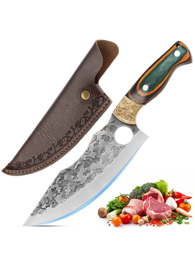 سكين الفايكنج المطرق 7 بوصة، سكين جزار مطروق يدويًا مع غمد، سكاكين طهاة المطبخ، فولاذ كربوني عالي، مناسب للاستخدام المنزلي، في الهواء الطلق، التخييم، الشواء، المطاعم - Image 1