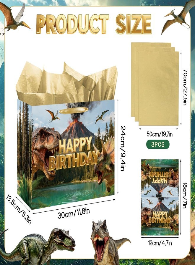 LUUFILx Realistic Dinosaur Birthday Gift Bag for Boys Jurassic Birthday Wrapping Paper Bag with Card Gold Tissue Paper Jungle Dinosaur Favors Bag for Boys Men T-rex Dino Party Supplies Bday Decorations - Image 3