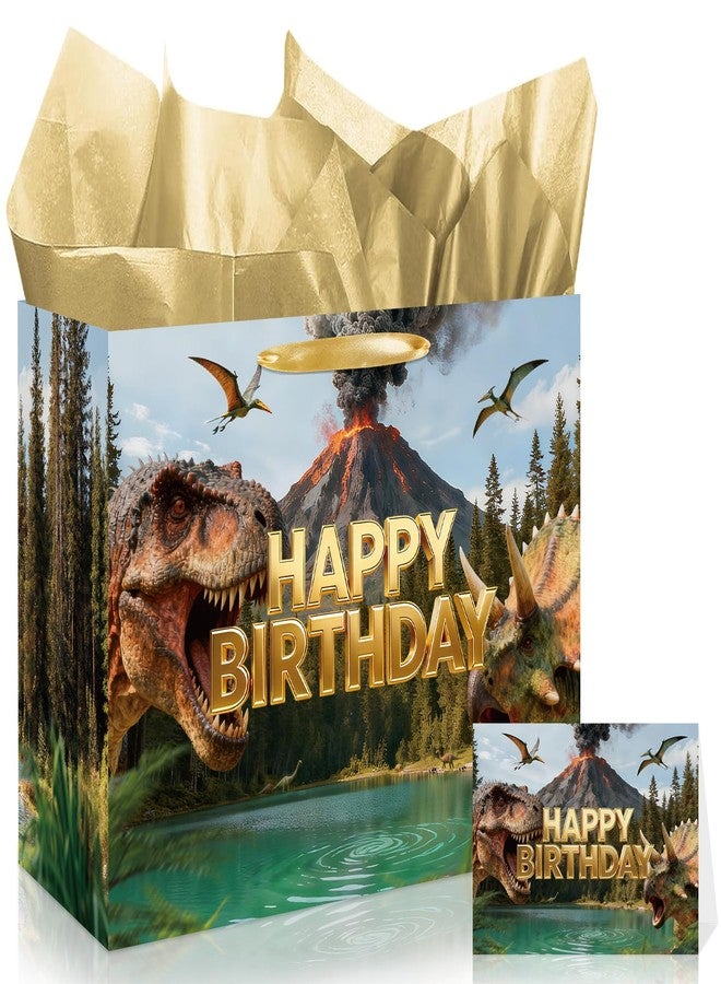 LUUFILx Realistic Dinosaur Birthday Gift Bag for Boys Jurassic Birthday Wrapping Paper Bag with Card Gold Tissue Paper Jungle Dinosaur Favors Bag for Boys Men T-rex Dino Party Supplies Bday Decorations - Image 1