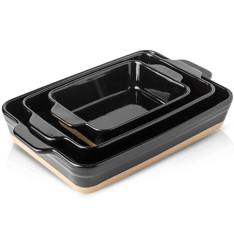 HVH Baking Dish Set 9x13 Baking Dish Ceramic Lasagne Pan Deep Large Casserole Dish Set Baking Dishes for Casseroles 13 x 9 Ceramic Bakeware Set of 3 Farmhouse Style Black