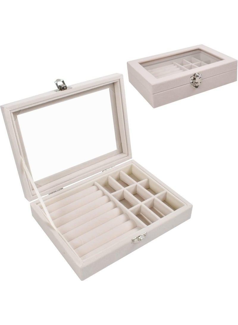 Jewelry Boxes with Acrylic Lid, 9 Grids, Jewelry Storage, Jewelry Case, Women's Jewelry Box, Travel, Decorative Necklace, Earrings, Ring, Jewelry Box, Clear Jewelry Storage Box, Beige - Image 1