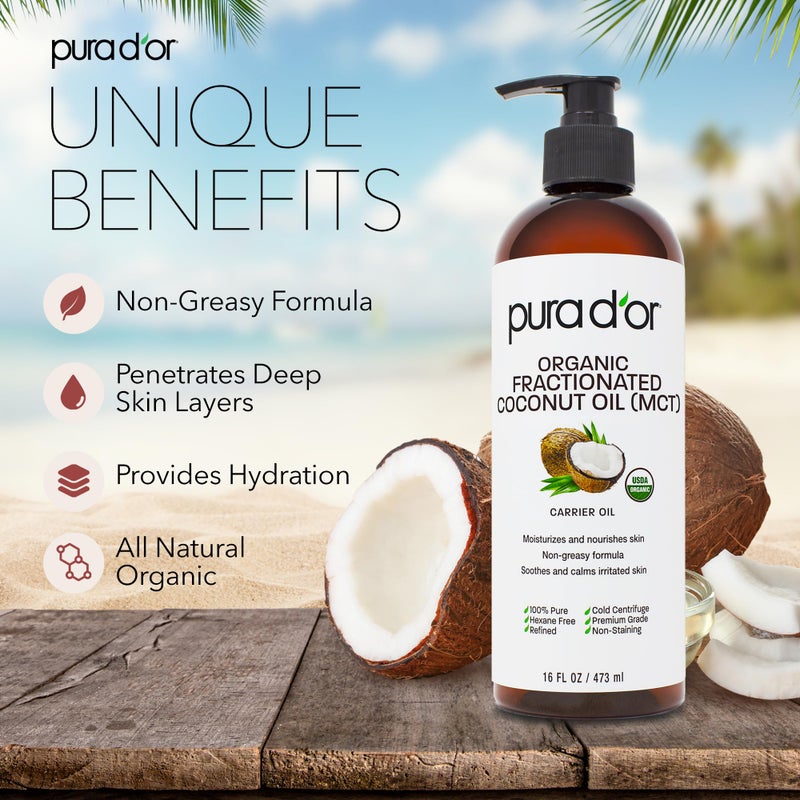 PURA D'OR 16 Oz ORGANIC Fractionated Coconut Oil â€“ USDA Certified â€“ MCT Oil â€“ Therapeutic, Hydrating, Lightweight Moisturizer â€“ Hexane Free Carrier Oil For Essential Oils & Massage â€“ Face, Hair & Body - Image 2