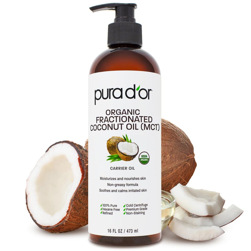 PURA D'OR 16 Oz ORGANIC Fractionated Coconut Oil â€“ USDA Certified â€“ MCT Oil â€“ Therapeutic, Hydrating, Lightweight Moisturizer â€“ Hexane Free Carrier Oil For Essential Oils & Massage â€“ Face, Hair & Body - Image 1
