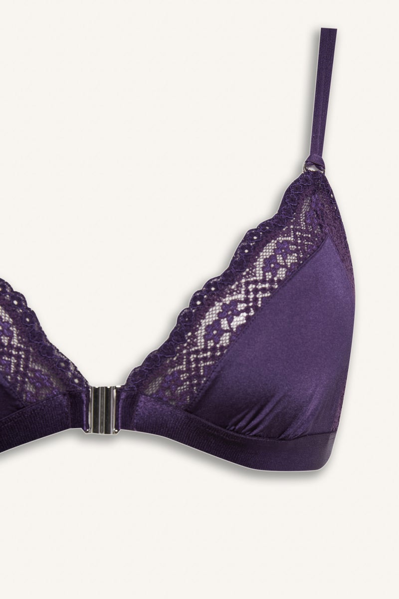 DeFacto Purple Woman Lace Detail Satin Unpadded Unwired Bra Casual - Image 3