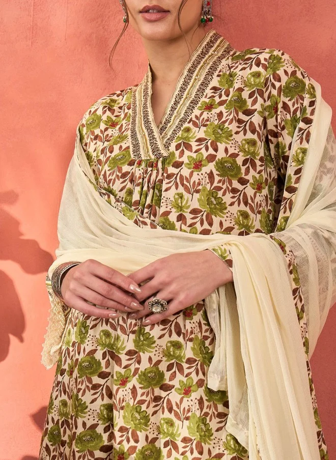 SASSAFRAS Floral Printed V-Neck Kurta Set for Women