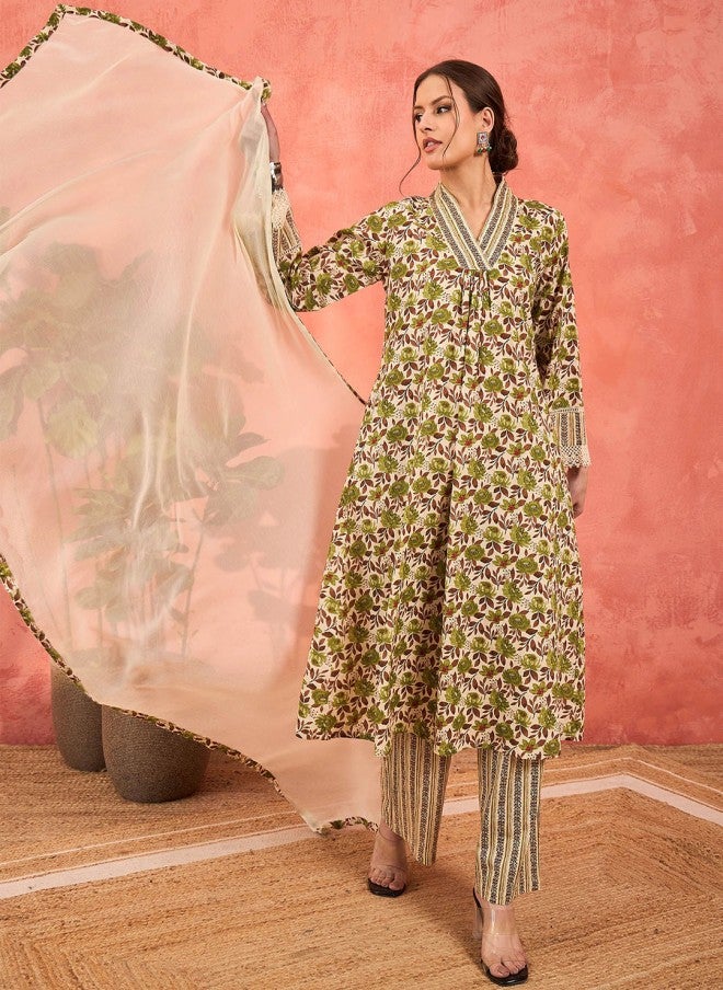 SASSAFRAS Floral Printed V-Neck Kurta Set for Women - Image 5