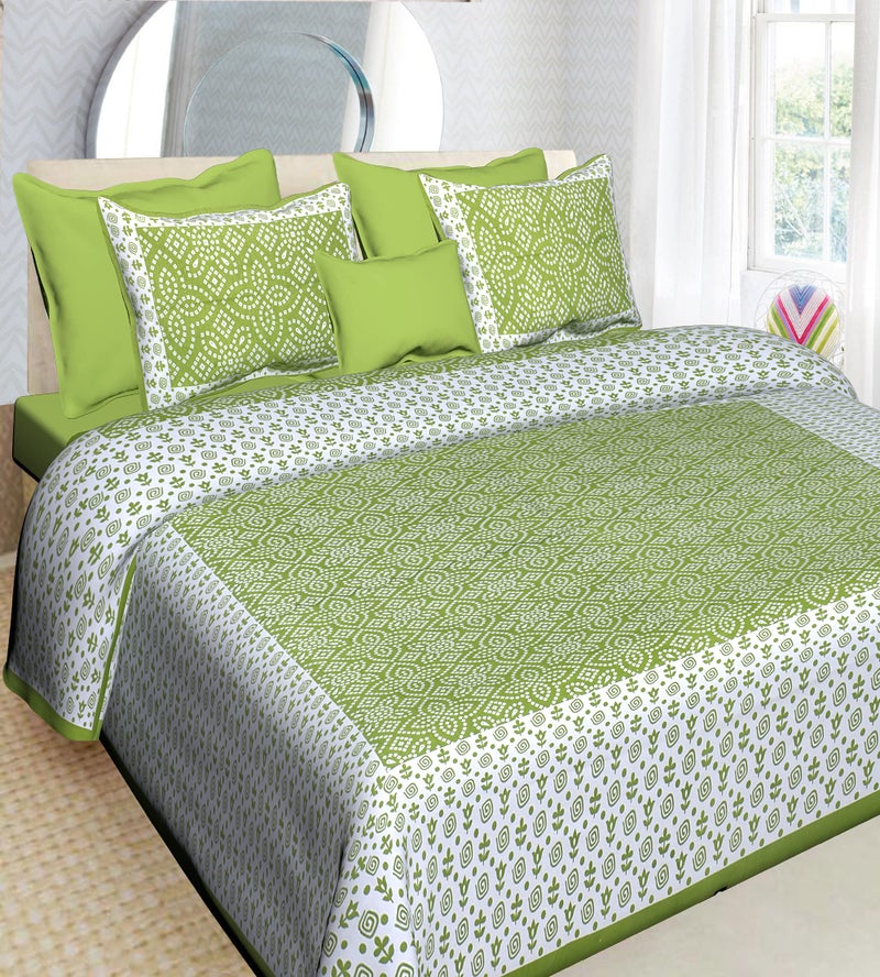 Ealth Kart Premium 100% Cotton Rajasthani Jaipuri Traditional King Size Double Bedsheet with 2 Pillow Covers (Green -2) - Image 1