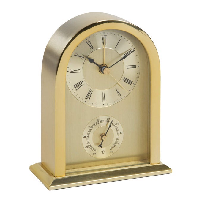 WILLIAM WIDDOP ARCHED MANTEL CLOCK GOLD ALUMINIUM CASE