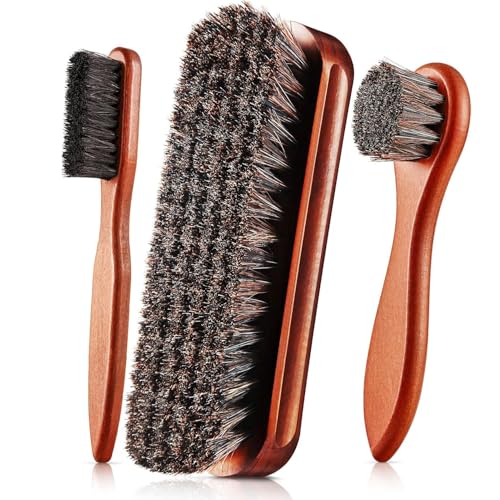 Massmot 3 Pcs Horsehair Shine Shoes Brush Kit Polish Dauber Applicators Cleaning Leather Shoes Boots Care Brushes Suede Cleaner Brush, Brown - Image 1
