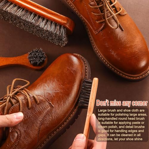Massmot 3 Pcs Horsehair Shine Shoes Brush Kit Polish Dauber Applicators Cleaning Leather Shoes Boots Care Brushes Suede Cleaner Brush, Brown - Image 5