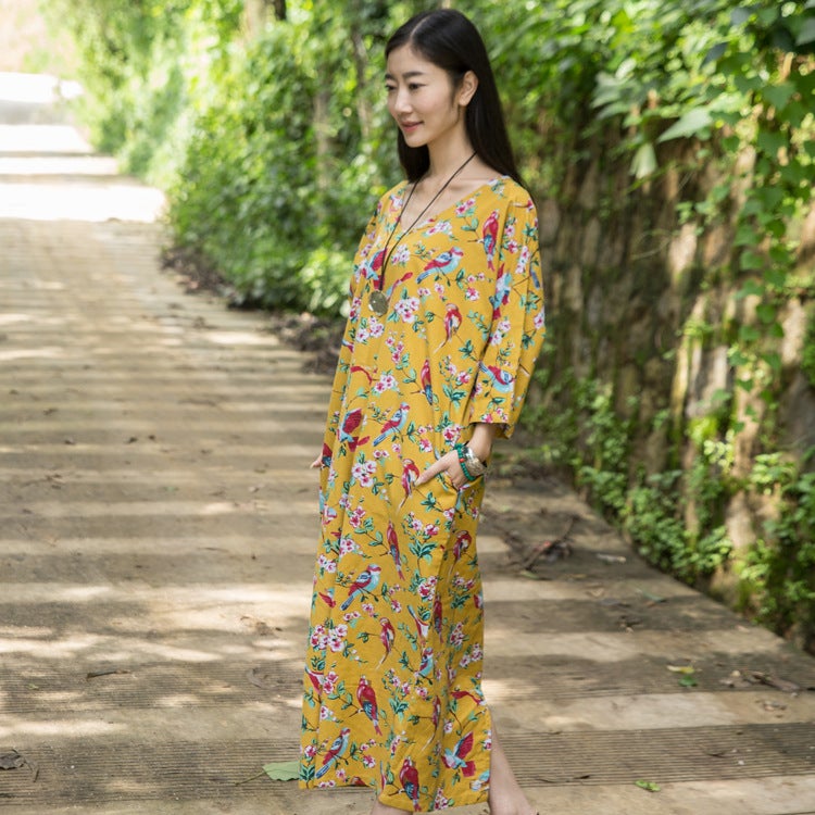 2020 autumn and winter women's new ethnic style cotton and linen loose robe V-neck printed long bottoming dress wholesale yellow One Size - Image 4