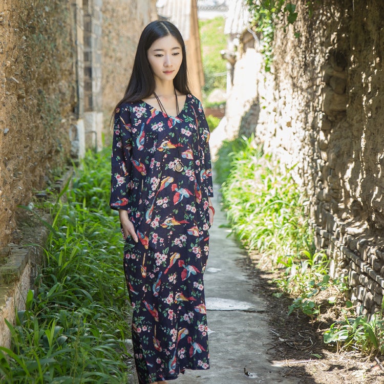 2020 autumn and winter women's new ethnic style cotton and linen loose robe V-neck printed long bottoming dress wholesale yellow One Size - Image 5
