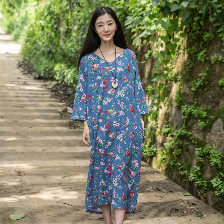 2020 autumn and winter women's new ethnic style cotton and linen loose robe V-neck printed long bottoming dress wholesale yellow One Size - Image 3