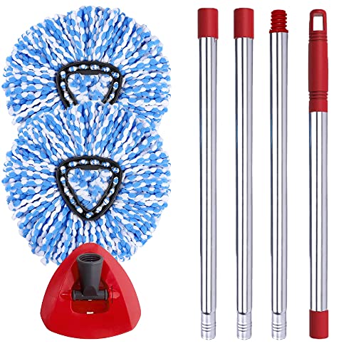 ANREKEYH Spin Mop Head, Base, Handle Replacement for O-ceda EasyWring RinseClean Microfiber Spin Mops, 2 Microfiber Mop Refills, 1 Triangle Head Cover and 30-58in Handle (Blue (2-Tank System)) - Image 1