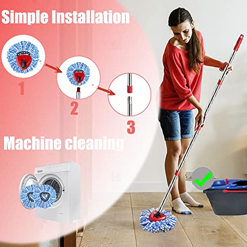ANREKEYH Spin Mop Head, Base, Handle Replacement for O-ceda EasyWring RinseClean Microfiber Spin Mops, 2 Microfiber Mop Refills, 1 Triangle Head Cover and 30-58in Handle (Blue (2-Tank System)) - Image 3
