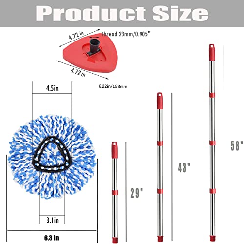 ANREKEYH Spin Mop Head, Base, Handle Replacement for O-ceda EasyWring RinseClean Microfiber Spin Mops, 2 Microfiber Mop Refills, 1 Triangle Head Cover and 30-58in Handle (Blue (2-Tank System)) - Image 4