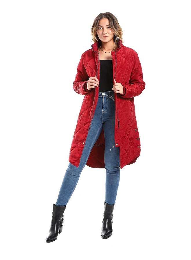 Andora Cherry Red Plain Zipper Waterproof Puffer Jacket_Red - Image 2