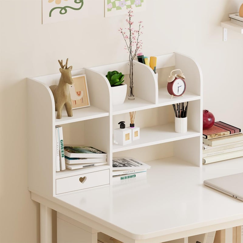 CONKAWACA Cute Bookshelves Cute Bookshelf for Desk Kawaii Desk Organizer with Drawer Office Desk Organizers and Accessories Storage Home Decor Display (White) - Image 2