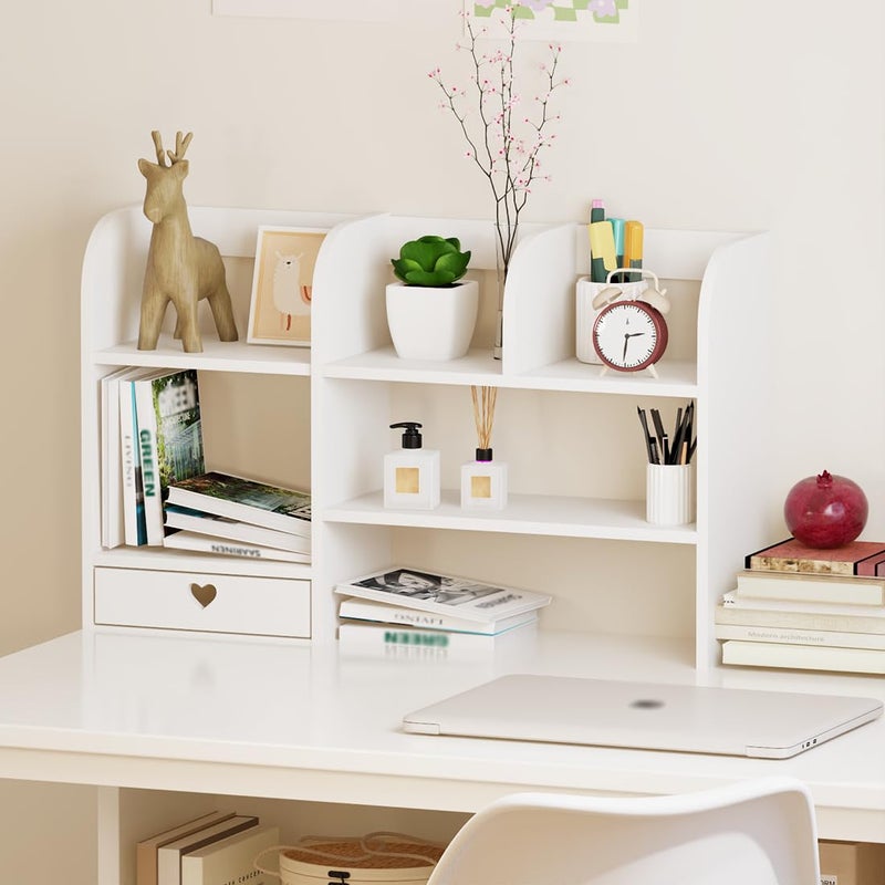 CONKAWACA Cute Bookshelves Cute Bookshelf for Desk Kawaii Desk Organizer with Drawer Office Desk Organizers and Accessories Storage Home Decor Display (White) - Image 1
