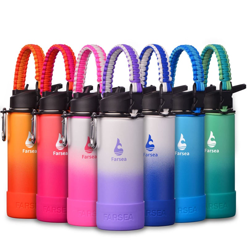 Farsea Insulated Water Bottle With Paracord Handle  Protective Silicone Boot and 2 Lids (Straw Lid & Spout Lid)  Stainless Steel Water Bottle Wide Mouth  Double Wall Sweat-Proof BPA-Free  18 oz - Image 1