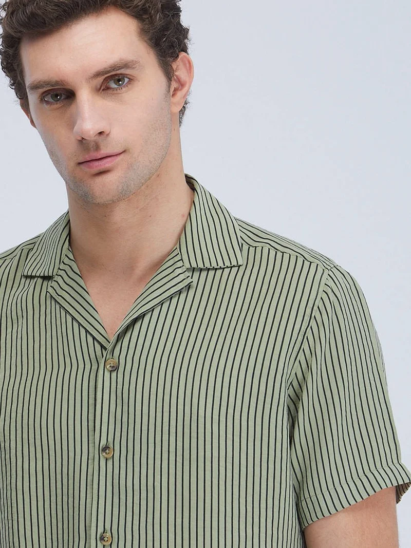 Kip Regular Fit Striped Short Sleeve Green Men's Shirt GM-4682