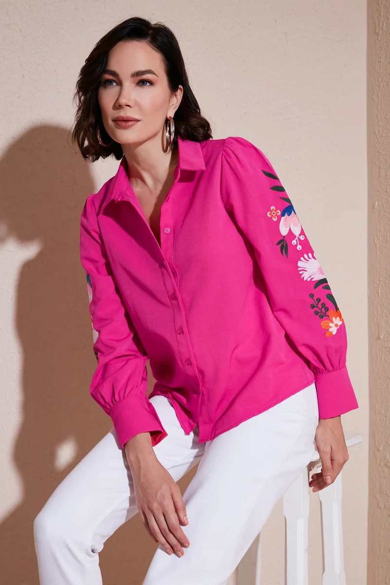 ليلا Balloon Sleeve Floral Embroidered Shirt for Women 611GO003