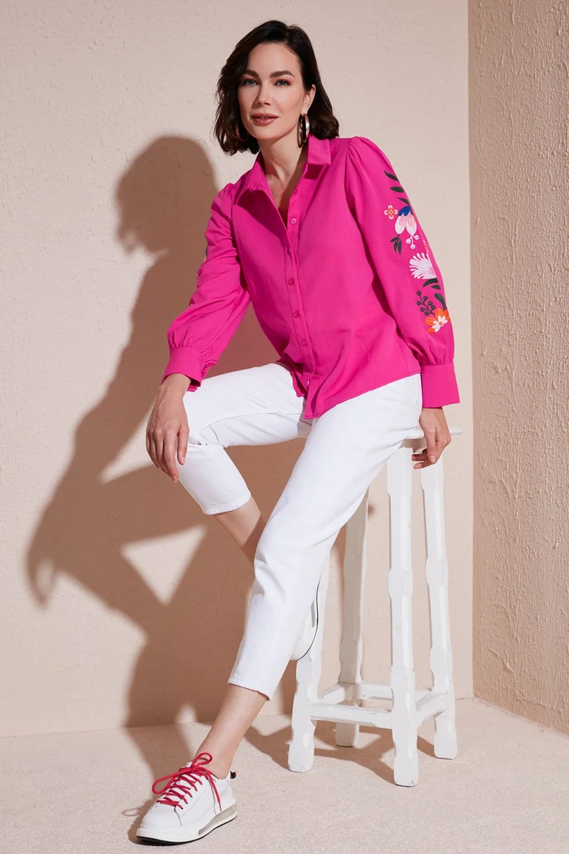 ليلا Balloon Sleeve Floral Embroidered Shirt for Women 611GO003