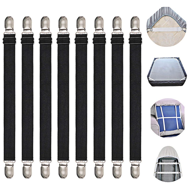 Adjustable Bed Sheet Straps Suspenders Elastic Sheet Fasteners Grippers Garters Clips for Flat  Fitted Sheet Corner HolderIroning Board Cover Mattress Cribs Sofa Cushion MoreShort type8 pack