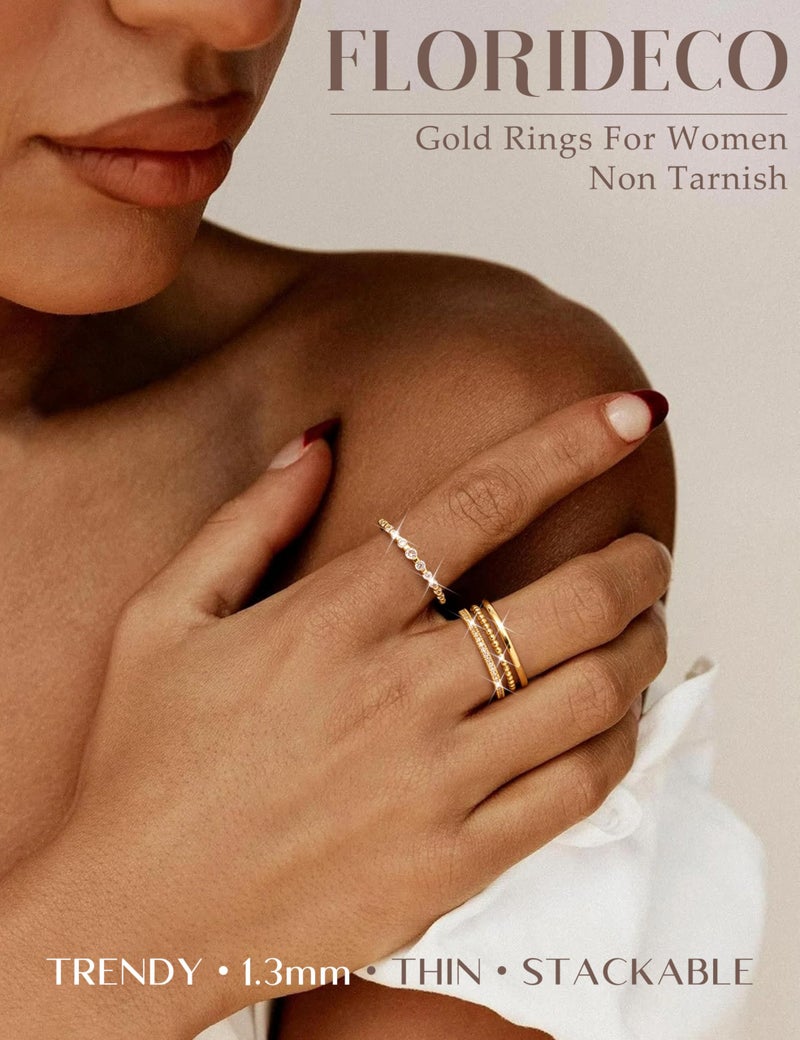 Florideco 14K Gold Plated Stackable Rings for Women Non Tarnish Dainty Cubic Zirconia Thumb Rings Stacking Set Statement Promise Band Ring Sets G8 - Image 3