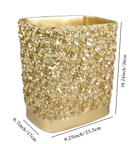 Hymmah Bathroom Trash Can 1.8 Gallon(7 Liter) Small Kitchen Garbage Can,Decor Wastebasket for Bedroom Office,Resin Hand-Carved Rose Flower Gold - Image 2