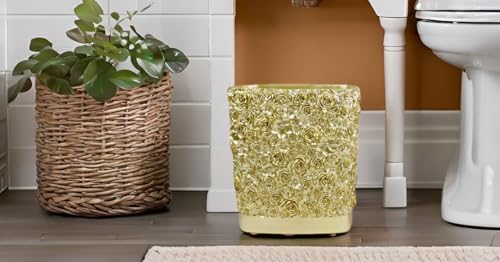 Hymmah Bathroom Trash Can 1.8 Gallon(7 Liter) Small Kitchen Garbage Can,Decor Wastebasket for Bedroom Office,Resin Hand-Carved Rose Flower Gold - Image 4