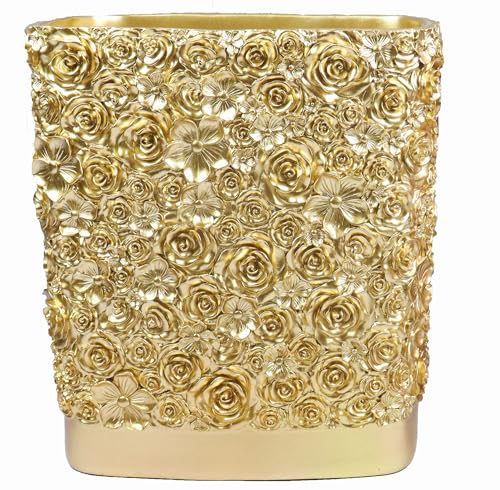 Hymmah Bathroom Trash Can 1.8 Gallon(7 Liter) Small Kitchen Garbage Can,Decor Wastebasket for Bedroom Office,Resin Hand-Carved Rose Flower Gold - Image 1