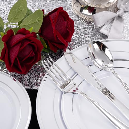 I00000 200 Pcs Silver Plastic Plates Silver Disposable Party Plates Include 100 Dinner Plate and 100 Elegant Dessert Plate Perfect for Party Holiday Wedding Birthday - Image 5