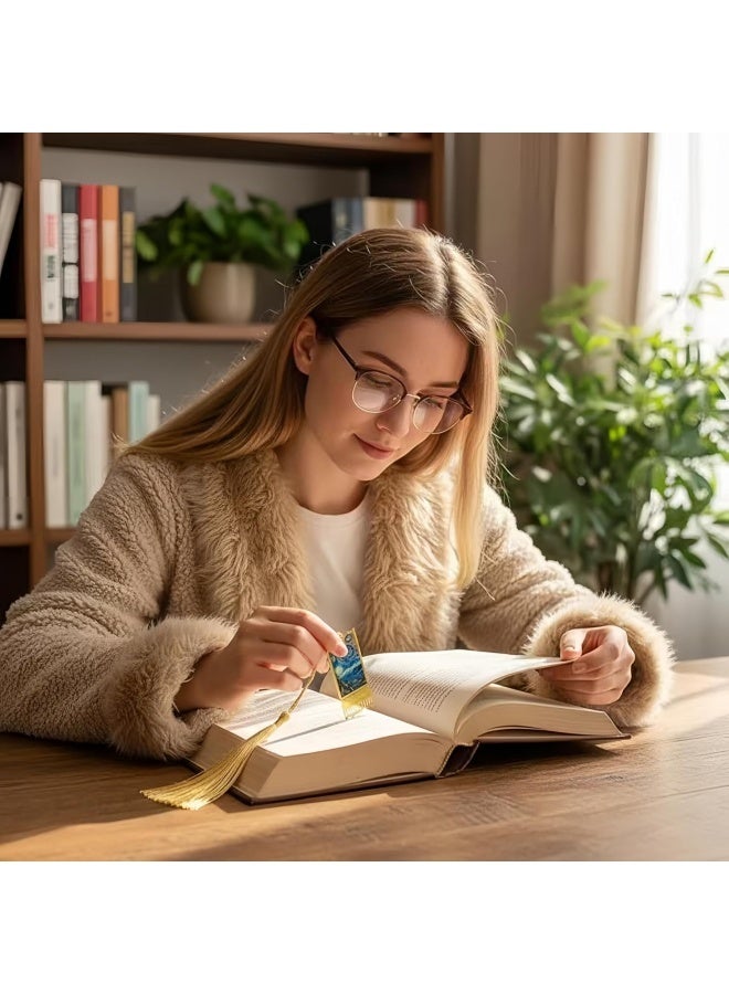 4 قطع من الإشارات المرجعية المعدنية، علامة كتاب مجوفة ذهبية فان جوخ مونيه لوحة زيتية مع شرابة، ملحقات الكتب هدية للنساء، الكتاب، القراء، عشاق الكتب، الأطفال والمراهقين والبالغين - Image 3