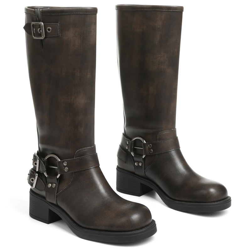 AMINUGAL Brown Knee High Boots Women Square Toe Pull On Boots Wide Calf Riding Boots Fashion Buckles Chunky Heel 2" Metallic Casual Vintage Size 8.5 - Image 4