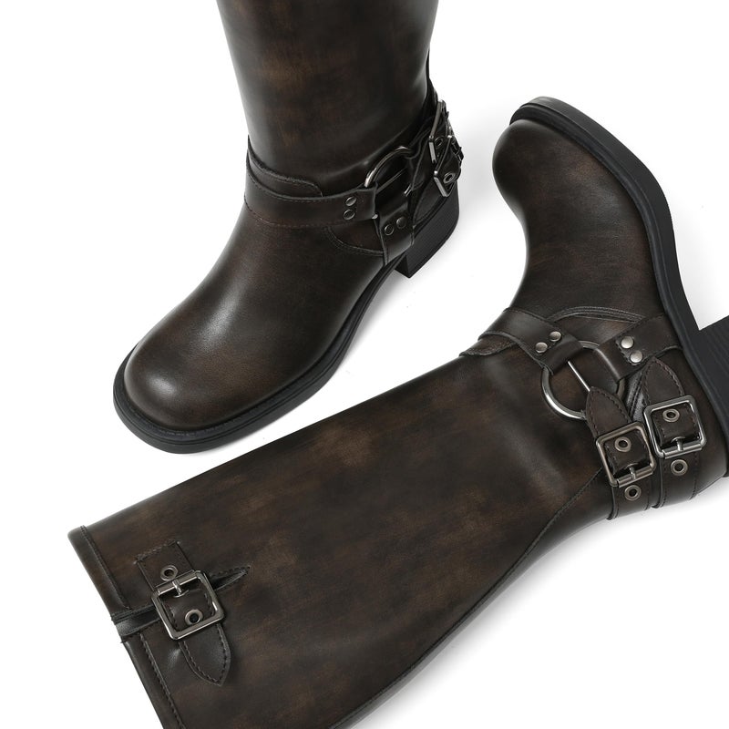 AMINUGAL Brown Knee High Boots Women Square Toe Pull On Boots Wide Calf Riding Boots Fashion Buckles Chunky Heel 2" Metallic Casual Vintage Size 8.5 - Image 5