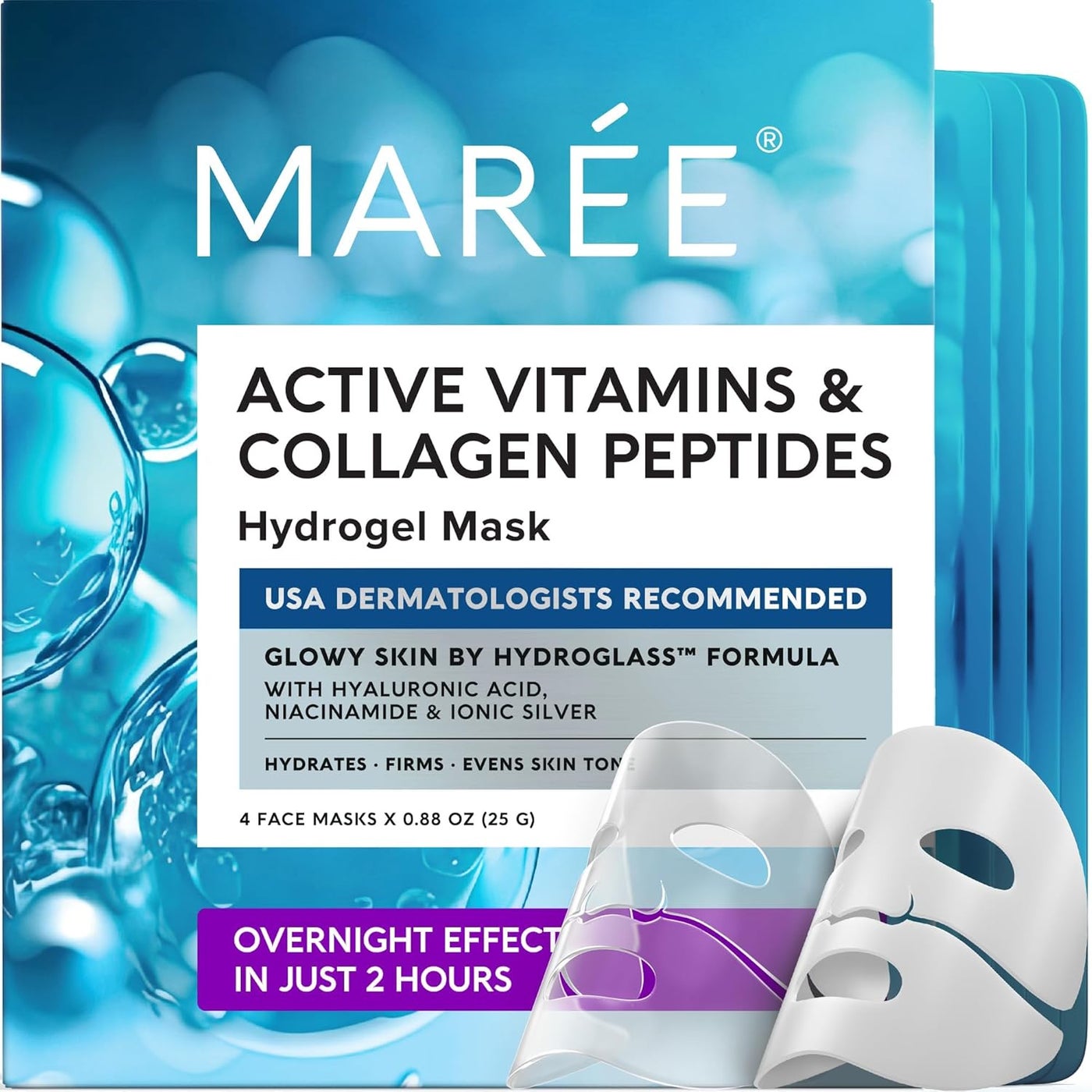 MAREE Hydrogel Collagen Face Mask with Hyaluronic Acid Overnight Hydrating Face Masks Skincare with Niacinamid Ionic Silver Mascarillas Faciales For Women Skin Care 4 Pack