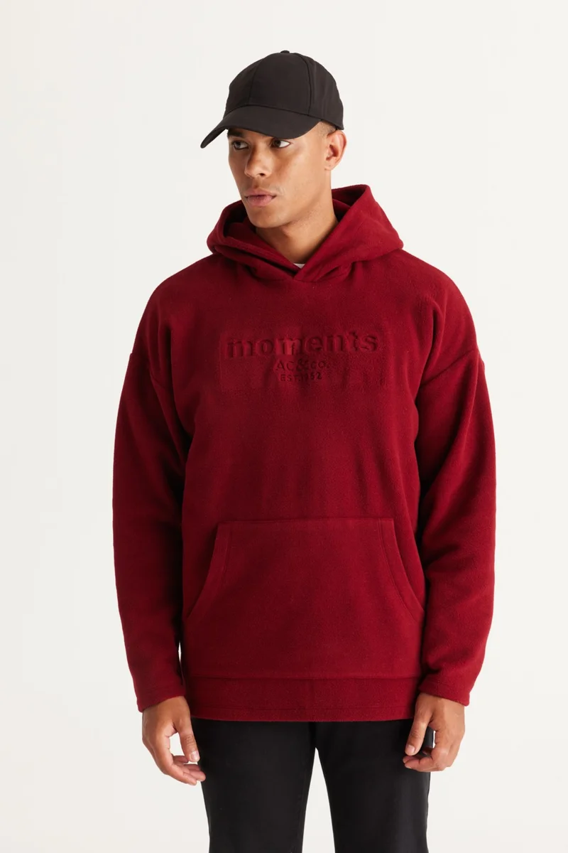Altınyıldız Classics Men's Claret Red Oversize Loose Cut Hooded Polar Fleece Sweatshirt