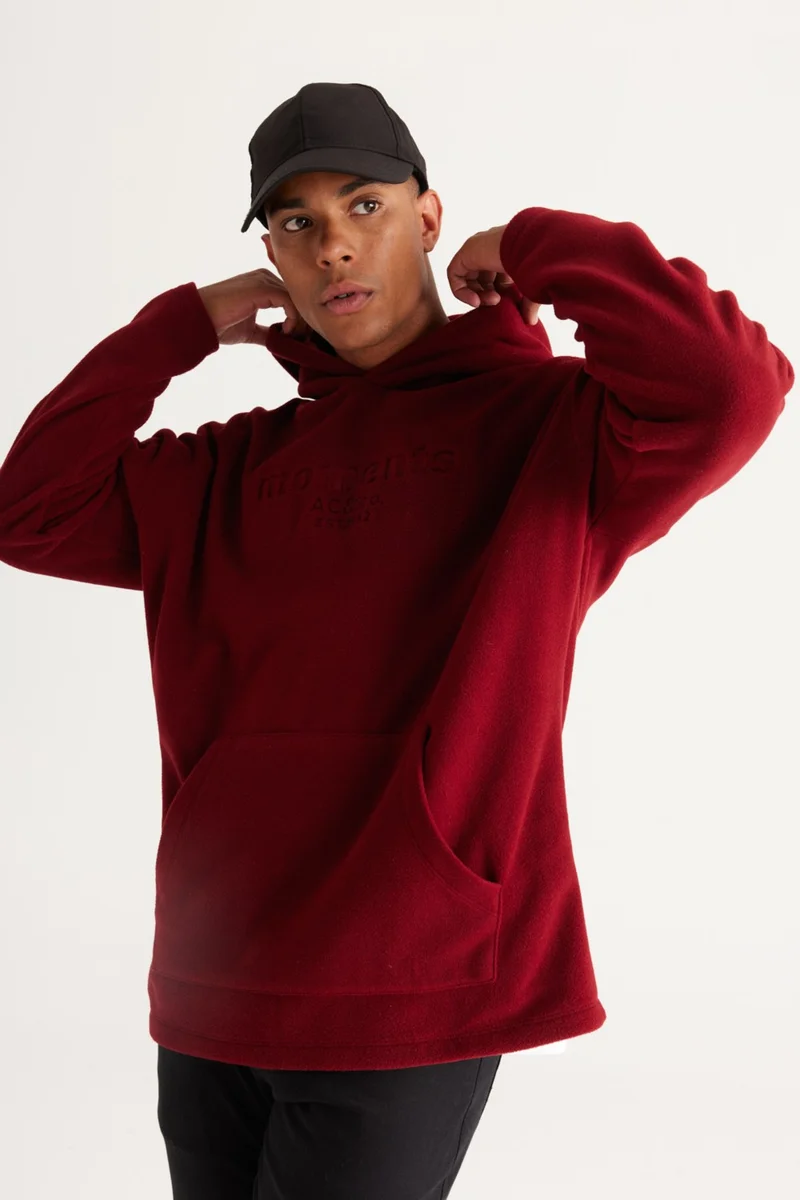 Altınyıldız Classics Men's Claret Red Oversize Loose Cut Hooded Polar Fleece Sweatshirt