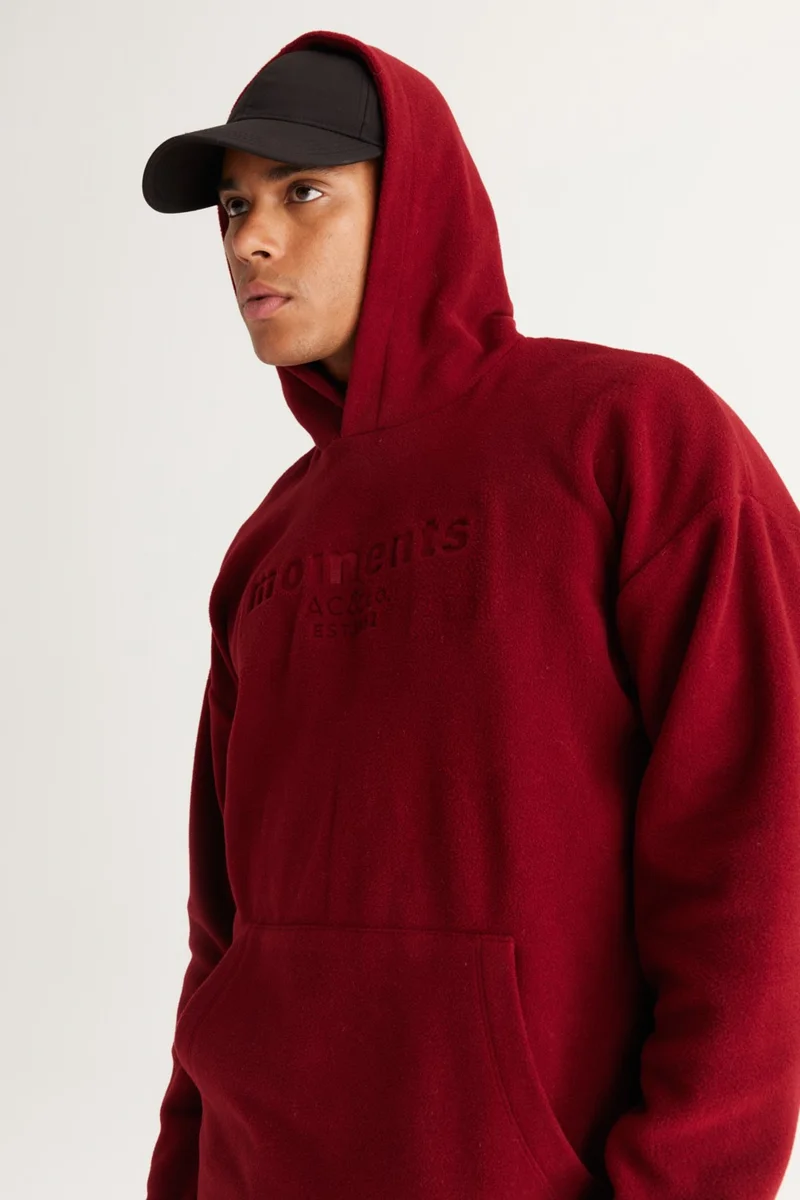 Altınyıldız Classics Men's Claret Red Oversize Loose Cut Hooded Polar Fleece Sweatshirt