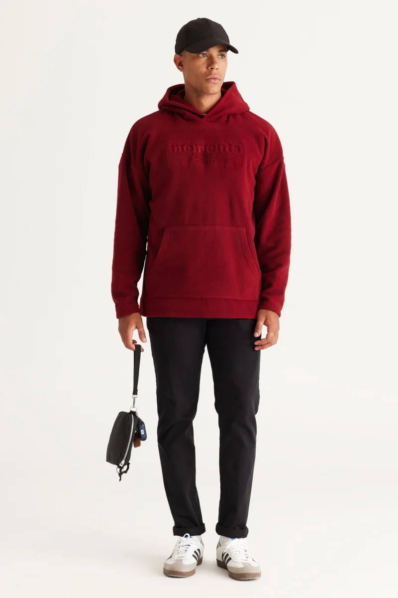Altınyıldız Classics Men's Claret Red Oversize Loose Cut Hooded Polar Fleece Sweatshirt