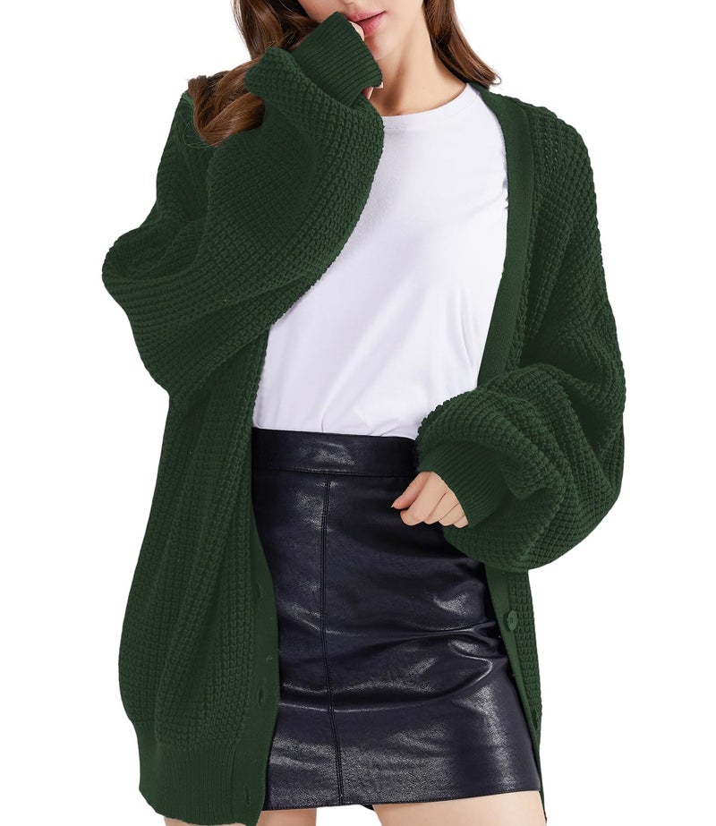 QUALFORT Women's Cardigan Sweaters for Women 100% Cotton Button-Down Long Sleeve Oversized Knit Outerwear Fall Cardigans 2026 Emerald Green XX-Large - Image 4