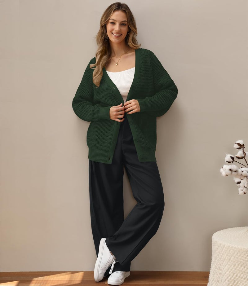 QUALFORT Women's Cardigan Sweaters for Women 100% Cotton Button-Down Long Sleeve Oversized Knit Outerwear Fall Cardigans 2026 Emerald Green XX-Large - Image 3