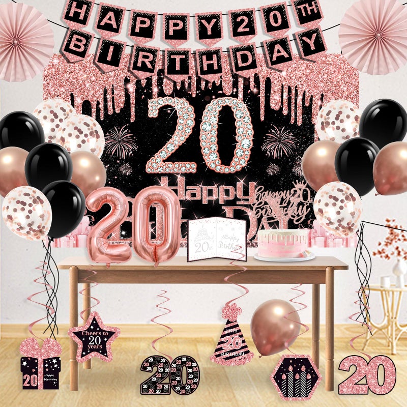 Juesly 20th Birthday Decorations for Girls,32PCS 20th Birthday Party Decorations,Including Backdrop, Crown, Sash, banner, Hanging Swirl,Cake Topper,balloons,Paper Fans and Anniversary Card - Image 4