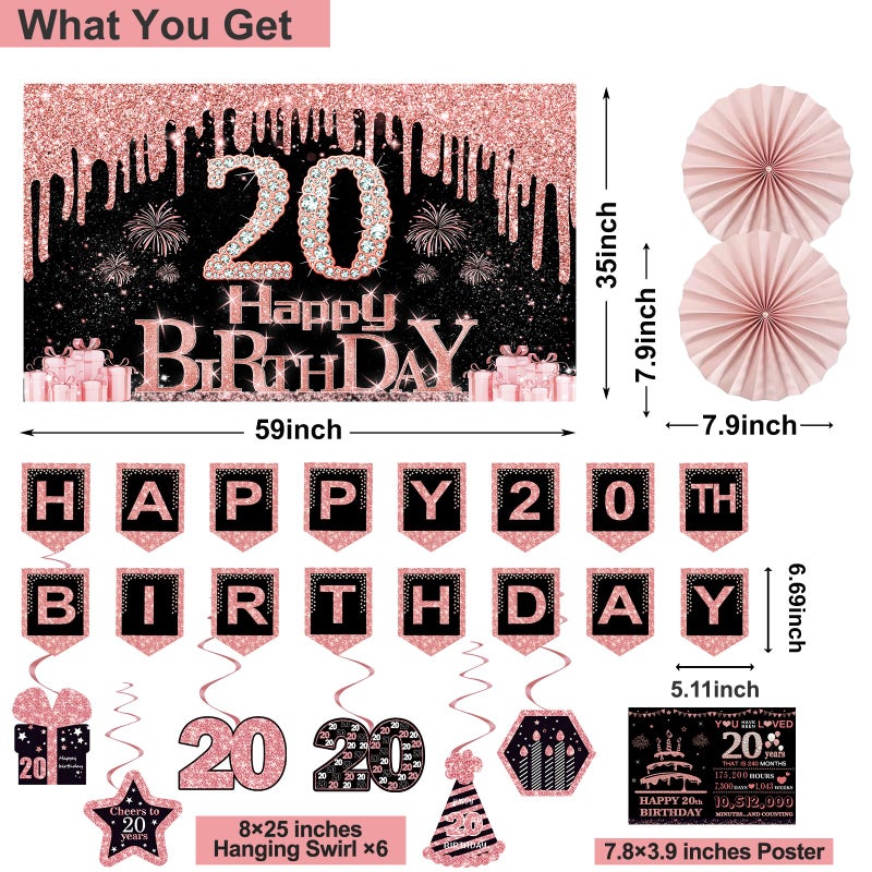 Juesly 20th Birthday Decorations for Girls,32PCS 20th Birthday Party Decorations,Including Backdrop, Crown, Sash, banner, Hanging Swirl,Cake Topper,balloons,Paper Fans and Anniversary Card - Image 2