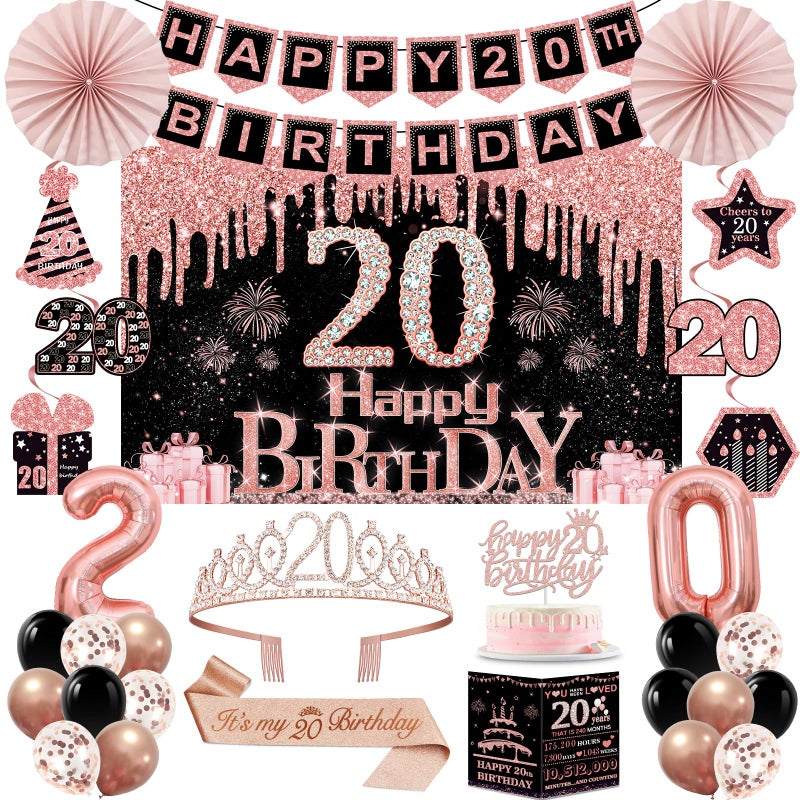 Juesly 20th Birthday Decorations for Girls,32PCS 20th Birthday Party Decorations,Including Backdrop, Crown, Sash, banner, Hanging Swirl,Cake Topper,balloons,Paper Fans and Anniversary Card - Image 1