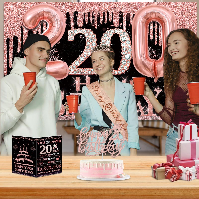 Juesly 20th Birthday Decorations for Girls,32PCS 20th Birthday Party Decorations,Including Backdrop, Crown, Sash, banner, Hanging Swirl,Cake Topper,balloons,Paper Fans and Anniversary Card - Image 5